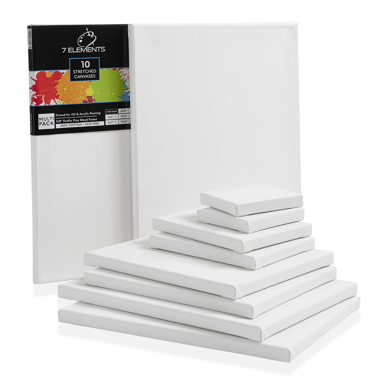 7 Elements (10 pack) Multi-sized Stretched Canvas for Painting - 100% Cotton Pre Primed White Art Canvases